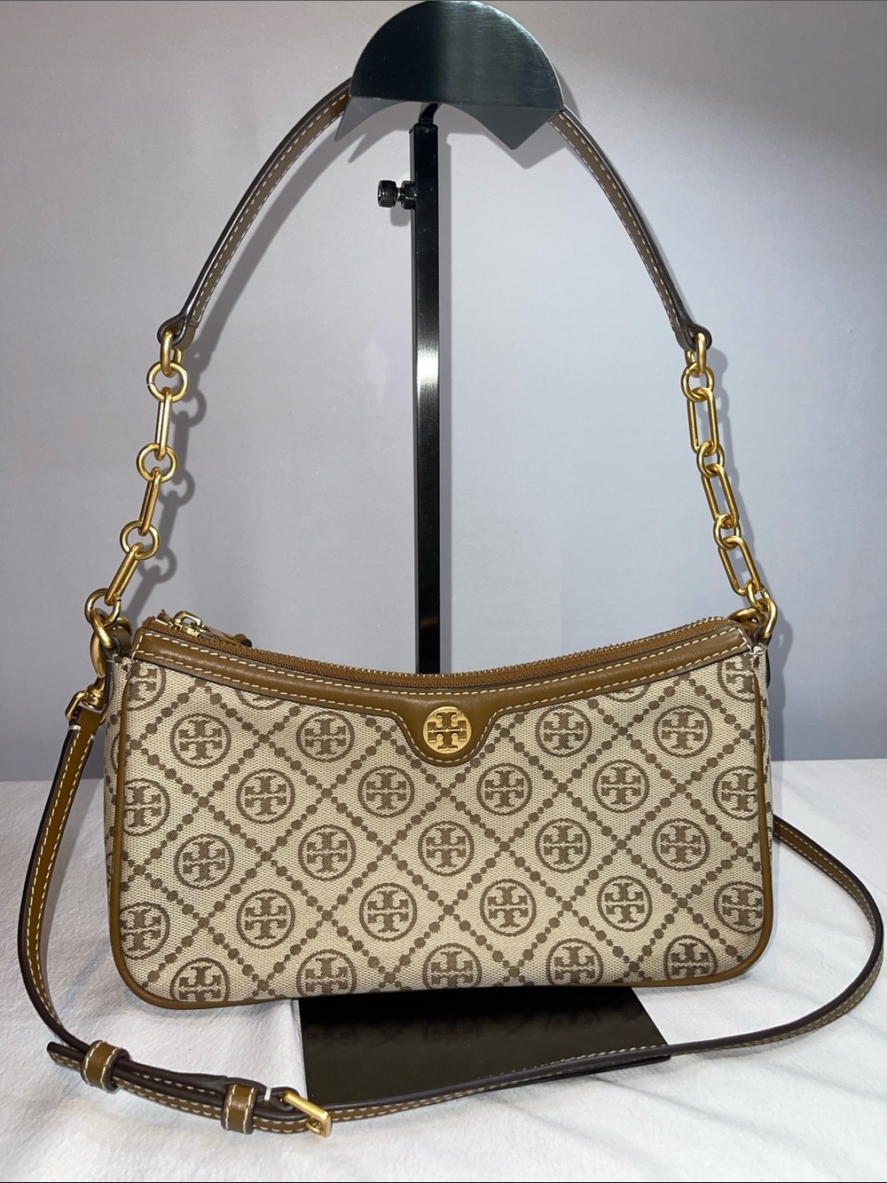 Tory Burch Brown T Monogram Jacquard and Leather Studio Shoulder Bag